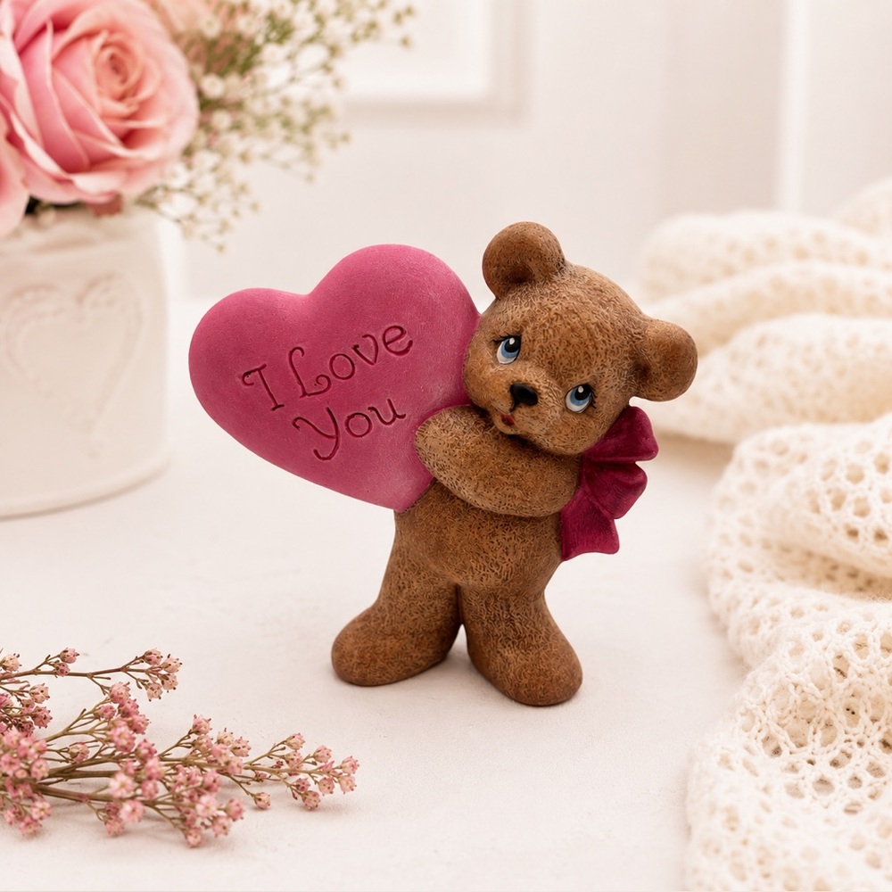 Hand-Painted Ceramic Brown Teddy Bear With Pink “I Love You” Heart Decor
